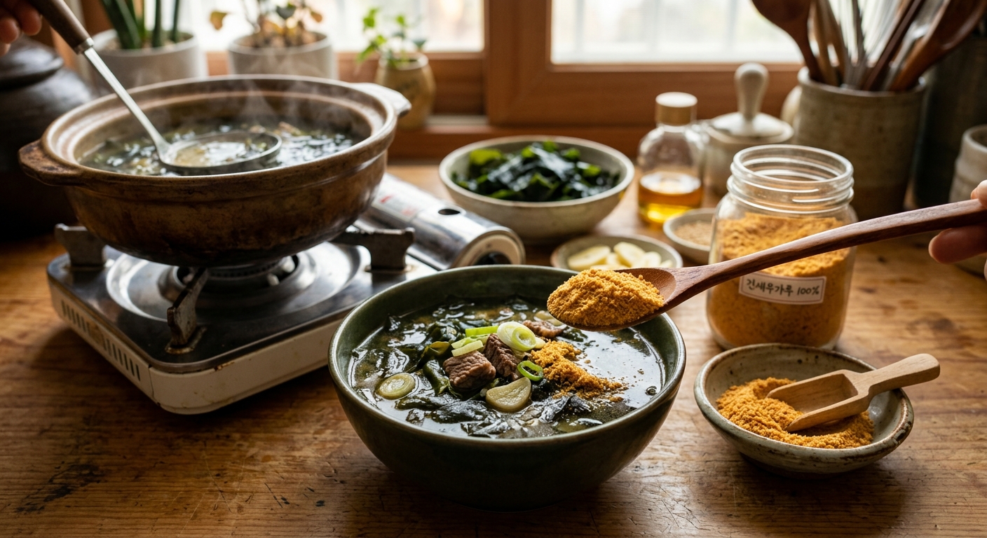 집에서 끓인 미역국의 국물 맛을 점검하는 모습