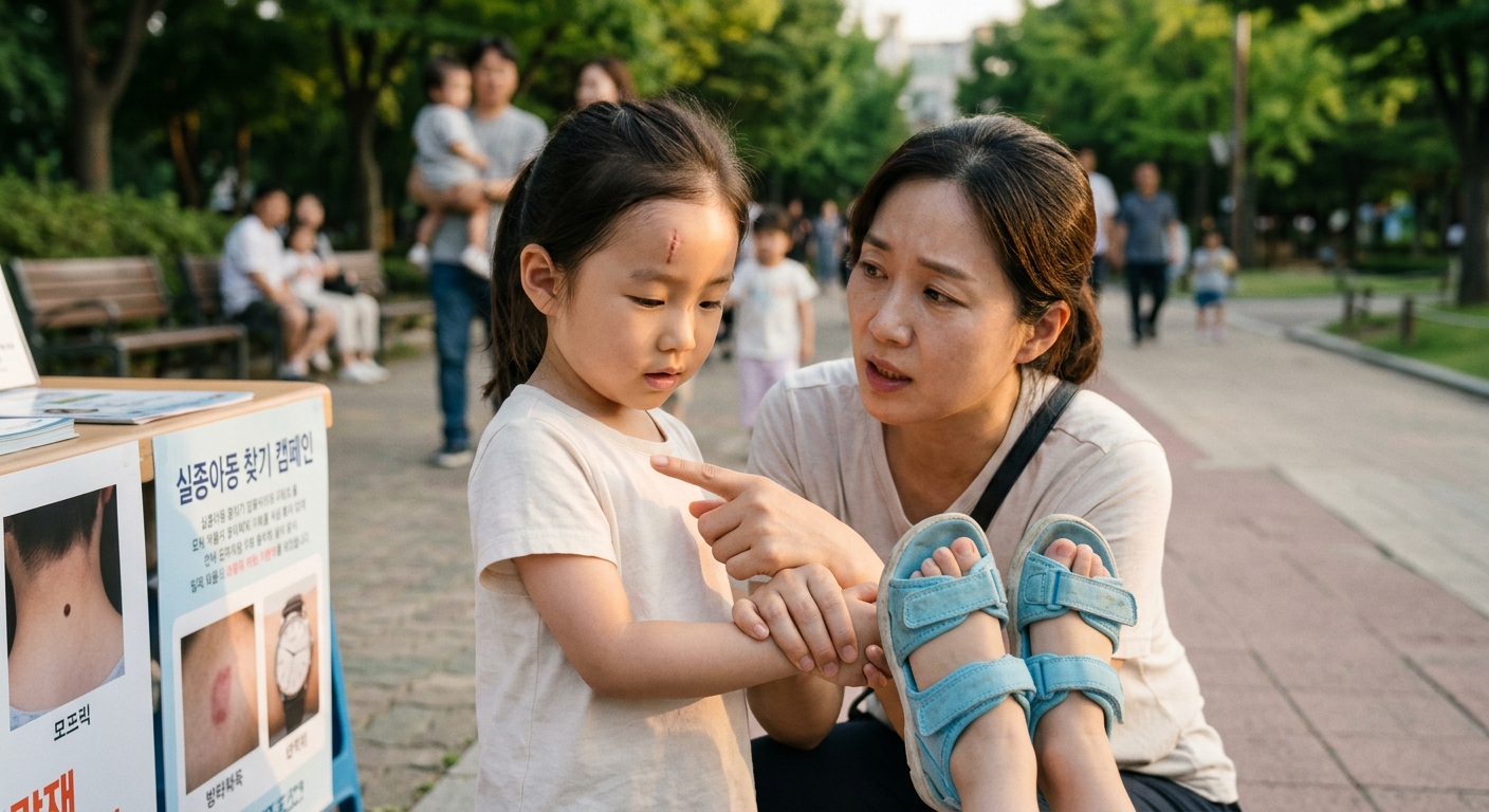 실종아동 식별에 도움이 되는 흉터, 점, 착의 정보를 상징적으로 표현한 이미지