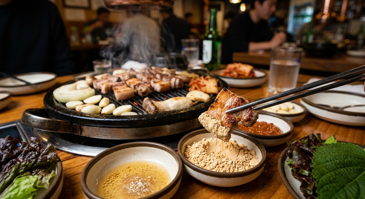 구운 삼겹살 옆에 작은 접시에 담긴 고운 콩가루가 놓인 모습