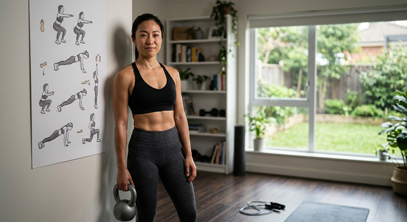 거실에서 전신 홈트레이닝을 하며 코어와 하체를 동시에 사용하는 사람의 모습
