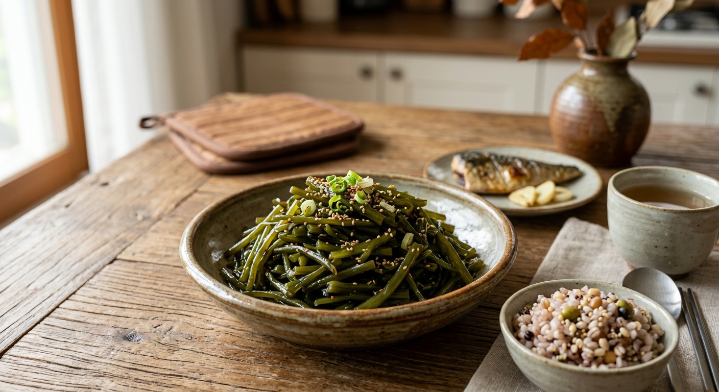 작은 접시에 담긴 미역줄기 볶음과 건강한 집밥 식탁 모습