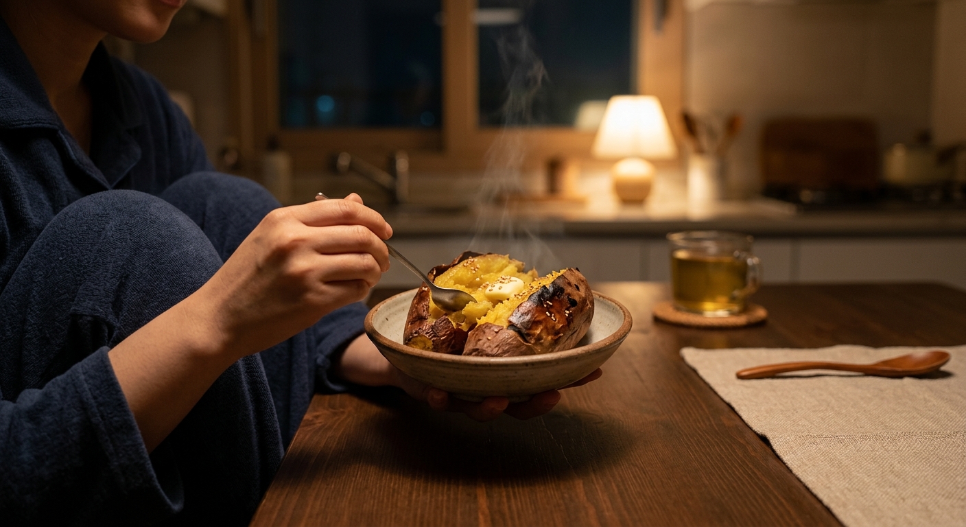 늦은 밤 주방에서 가벼운 야식을 고민하는 모습