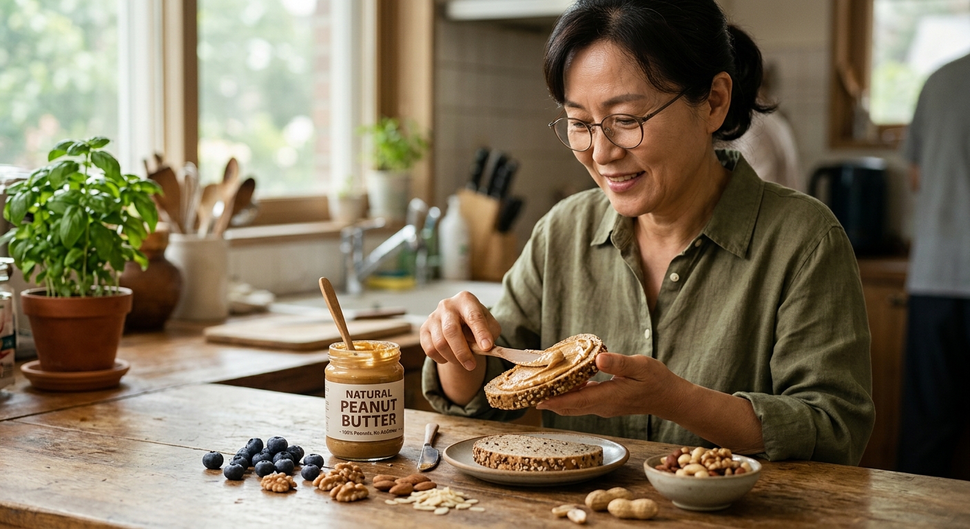 중장년층이 건강한 간식을 고르며 뇌 건강을 관리하는 모습