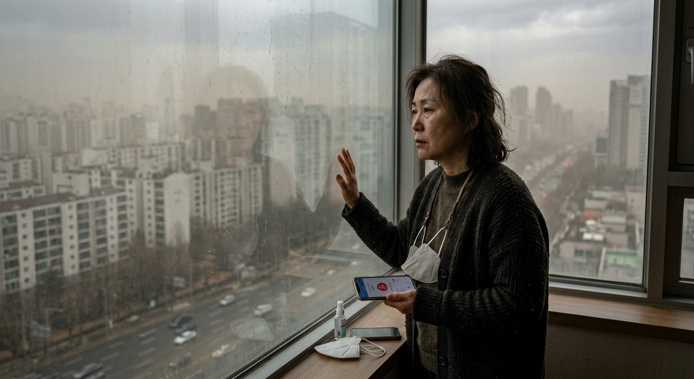 따뜻한 봄 햇살 아래 미세먼지로 뿌옇게 보이는 도심 전경