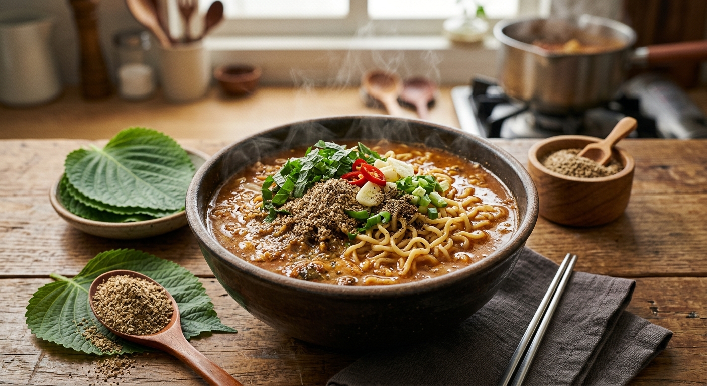 빨간 라면 위에 들깨가루와 찢은 깻잎이 올려진 모습