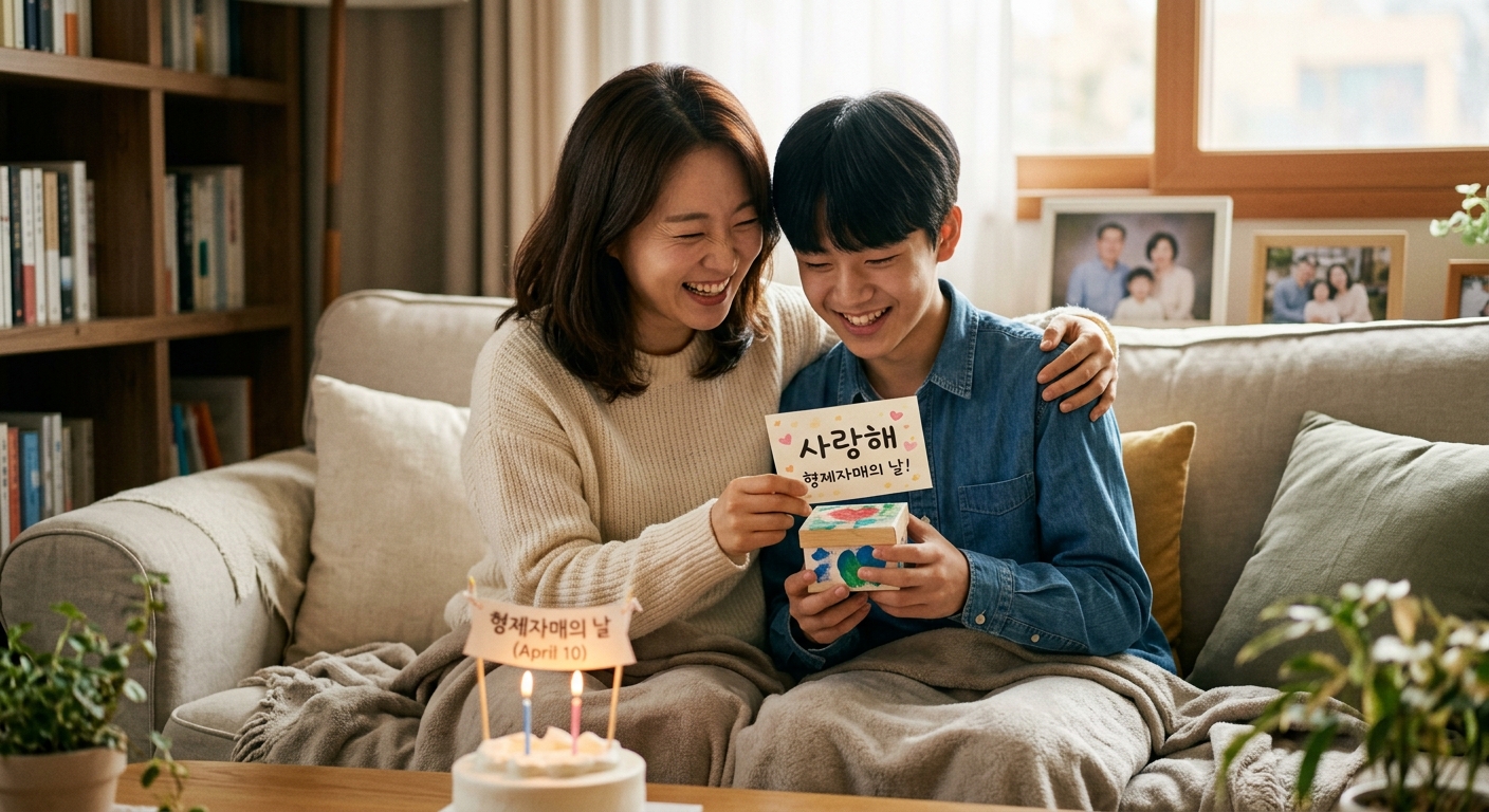 달력의 4월 10일 날짜와 함께 가족 사진이 놓인 형제자매의 날 분위기