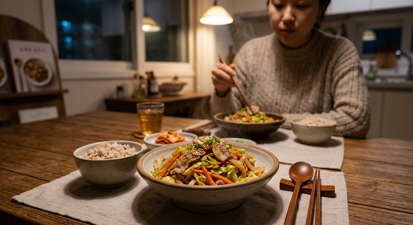 도마 위에 손질된 양배추와 당근이 놓인 모습