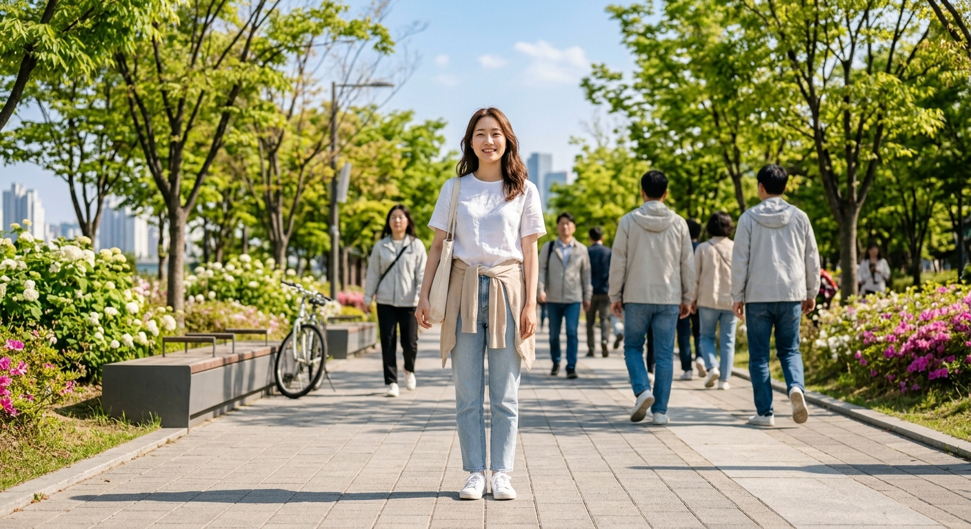 햇볕이 강한 낮과 선선한 저녁이 공존하는 봄철 도심 풍경