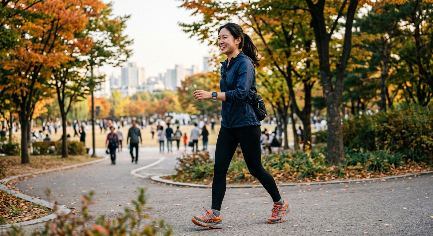 운동화를 신고 산책로를 걷는 사람의 하체 모습