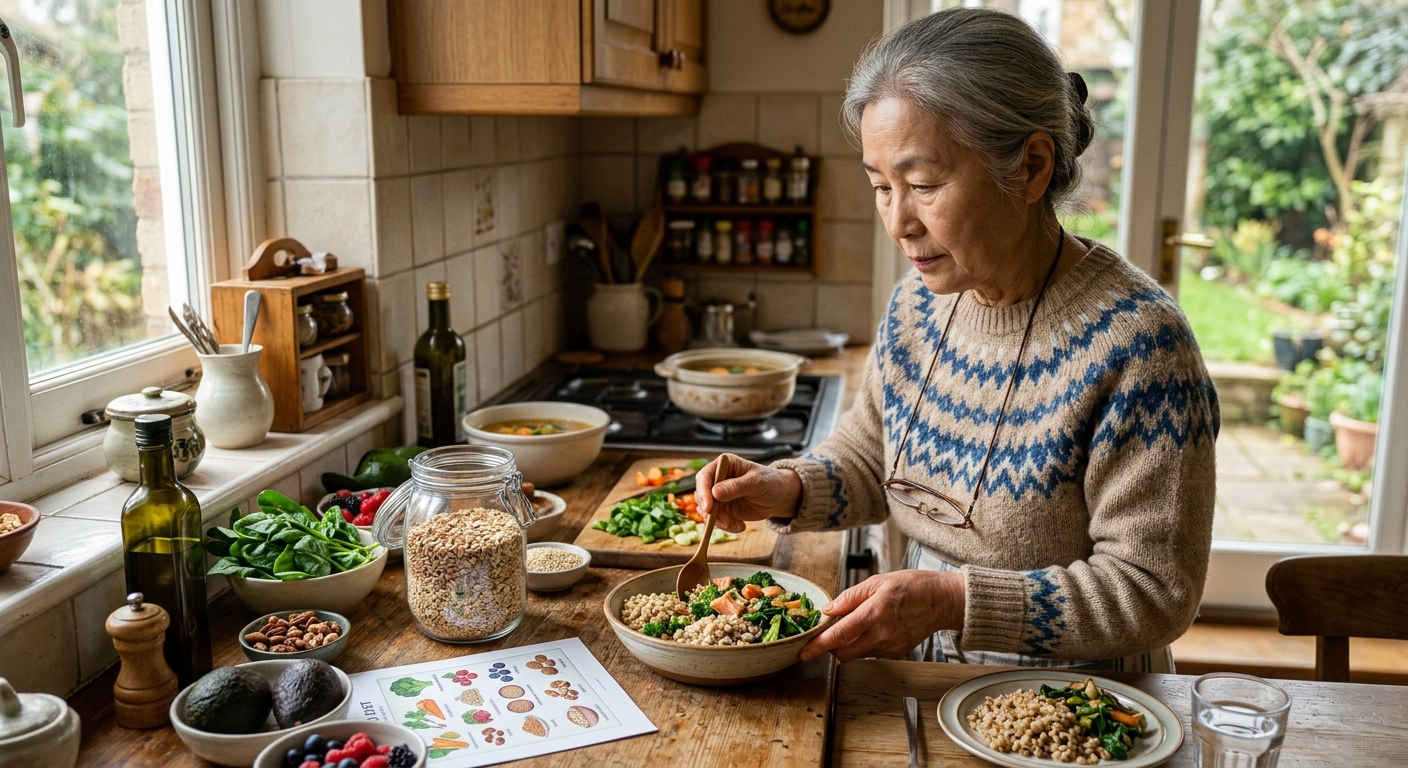 오트밀과 현미, 통밀빵이 놓인 식탁 위에 뇌 건강 관련 메모가 함께 있는 장면