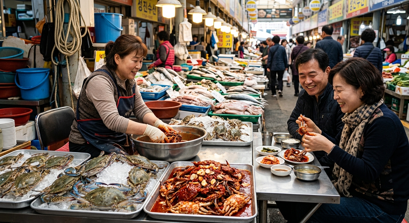 얼음 위에 올려진 푸른 꽃게 여러 마리의 모습