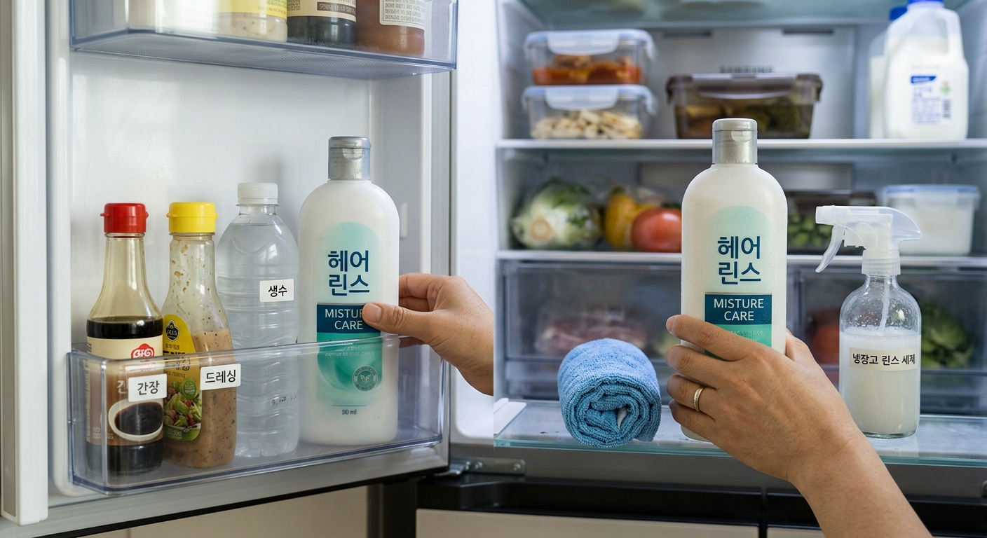밀폐 용기에 담긴 청소용 린스를 냉장고 내부 한쪽 칸에 보관한 모습