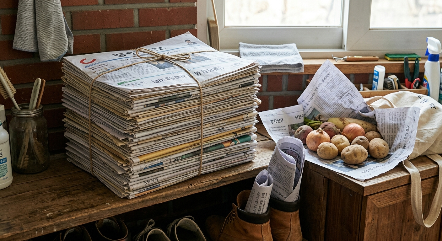 테이블 위에 가지런히 쌓인 신문지와 생활 소품들