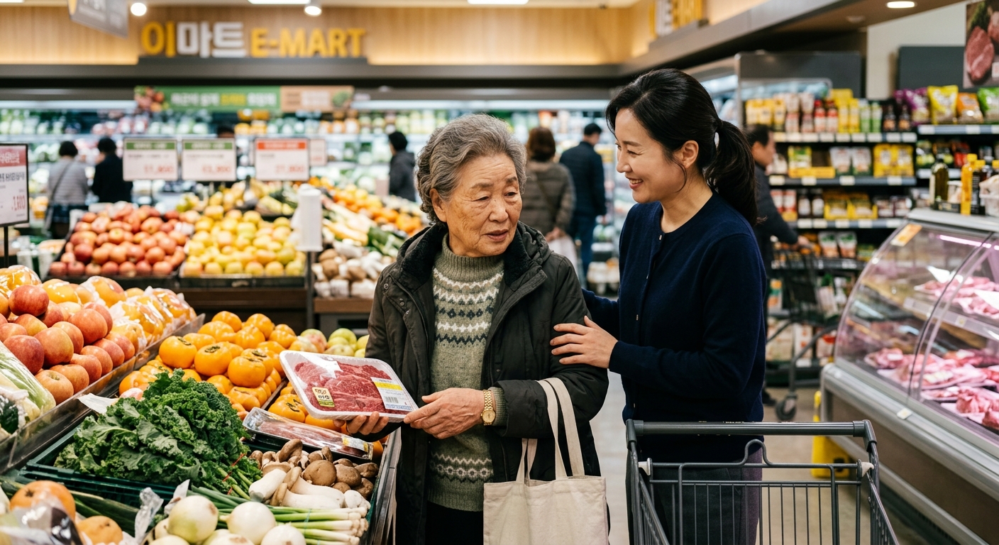 중년과 노년 가족이 식탁에서 건강한 식사를 준비하는 모습