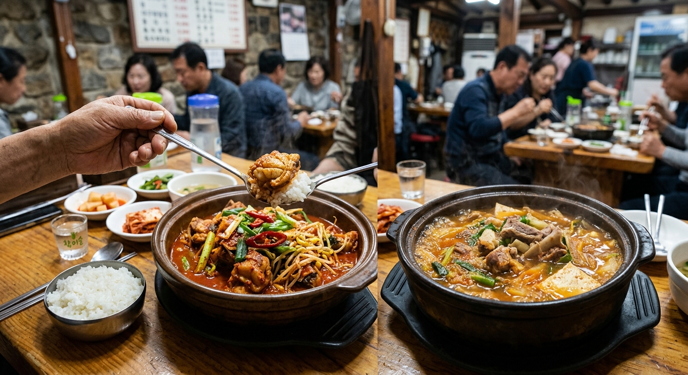 매콤한 양념이 입혀진 특수부위 요리를 밥과 함께 즐기는 장면