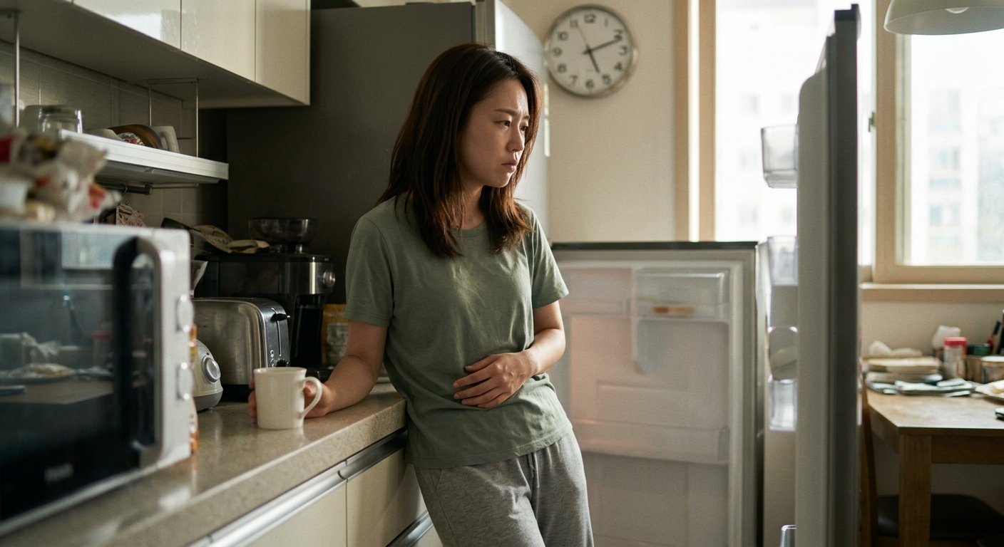 아침을 거르고 점심에 과식하려는 사람의 식사 장면