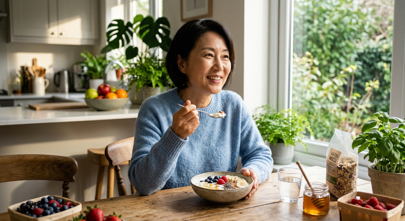나무 테이블 위에 놓인 플레인 요거트와 스푼이 있는 건강한 식사 장면