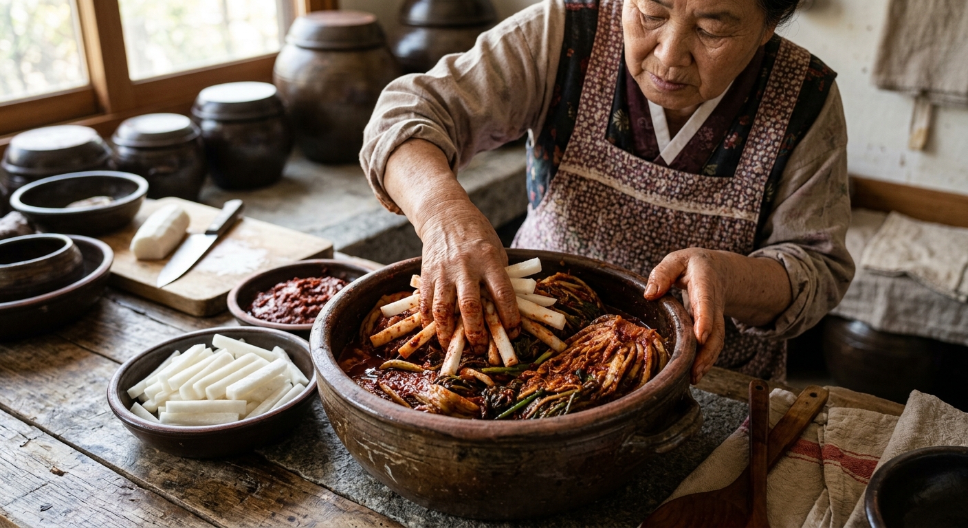 짠 김치와 함께 놓인 두툼하게 썬 무 조각