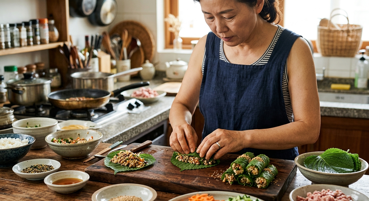 초록빛 깻잎으로 돌돌 말아 만든 주먹밥이 접시에 정갈하게 담긴 장면
