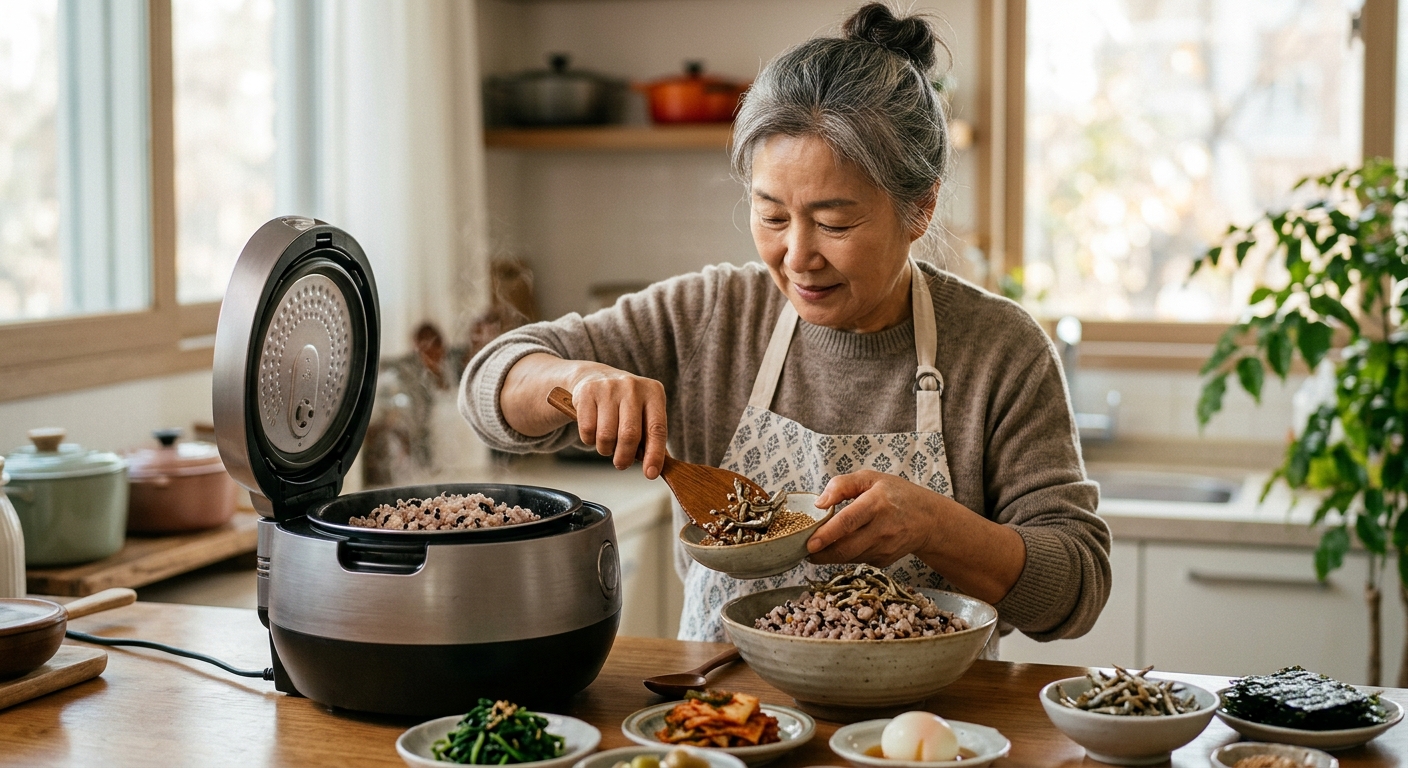 한국 가정식 식탁 위에 잡곡밥과 반찬이 놓인 모습