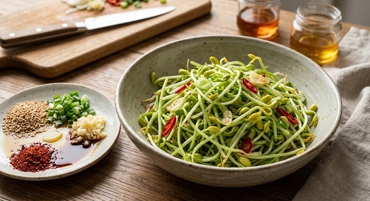 씻어 둔 신선한 숙주를 볼에 담아 아삭한 식감을 보여주는 모습