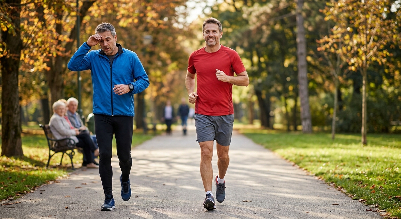 공원에서 활기차게 걷는 중년과 벤치에 지친 표정으로 앉아 있는 중년의 대비