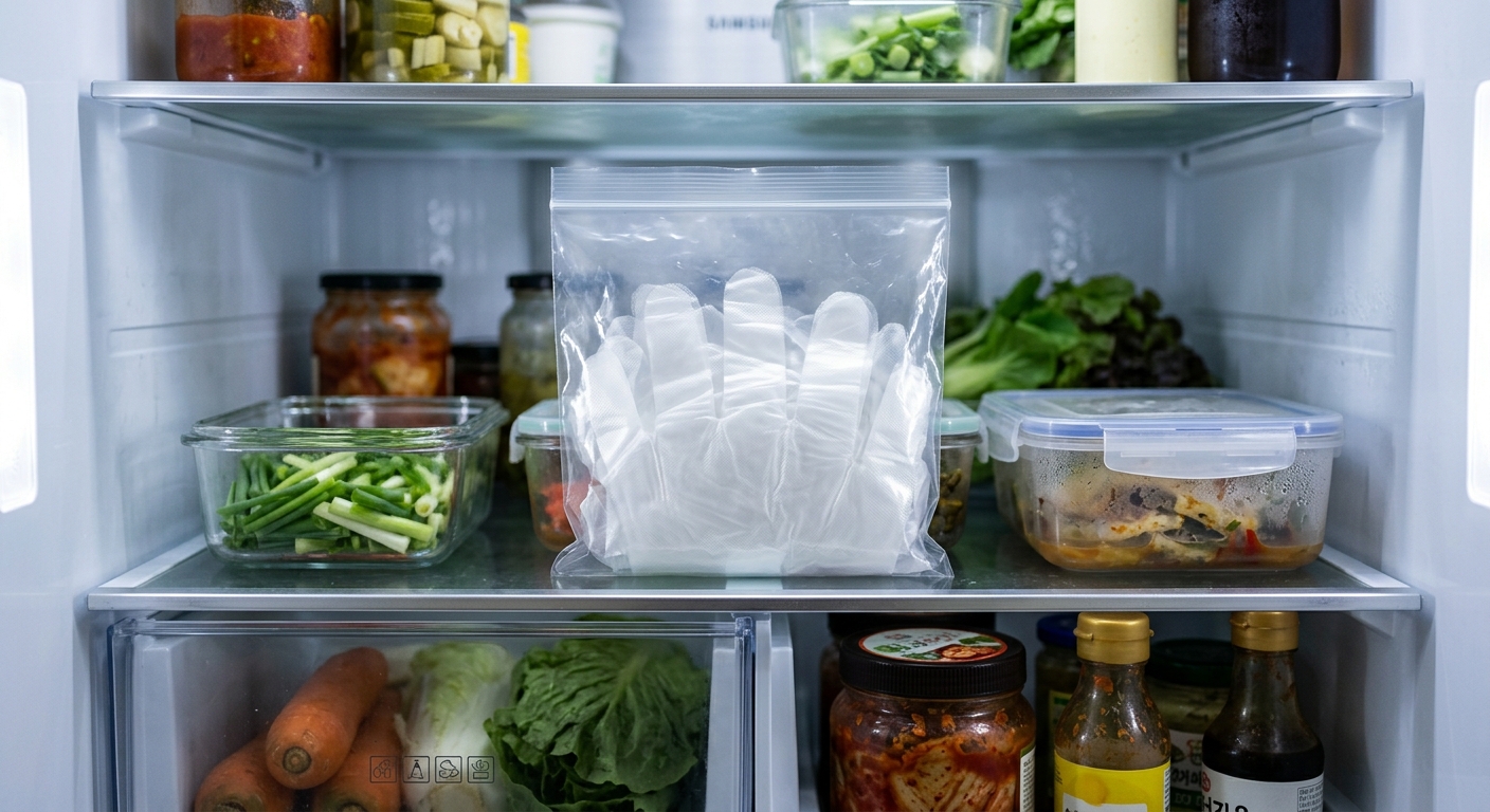 냉장고 안쪽 선반에 비닐장갑을 정리해 넣어둔 실용적인 수납 장면