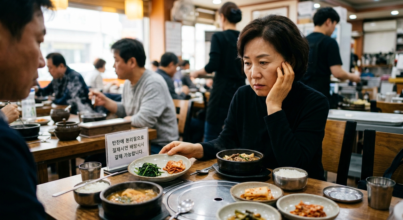 식당 테이블 위 반찬 접시와 가격 안내를 바라보는 손님의 모습
