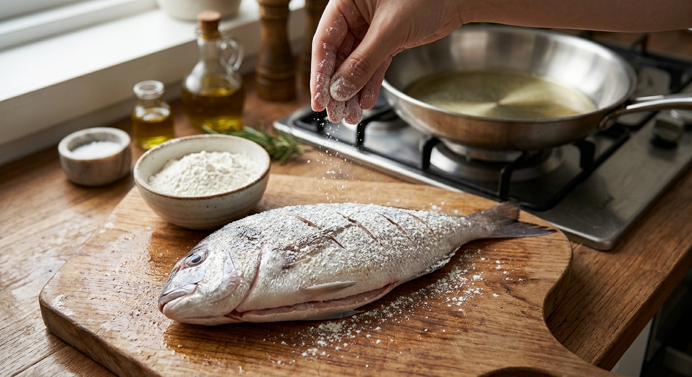 팬에 굽기 전 손질한 생선에 밀가루를 얇게 뿌리는 모습