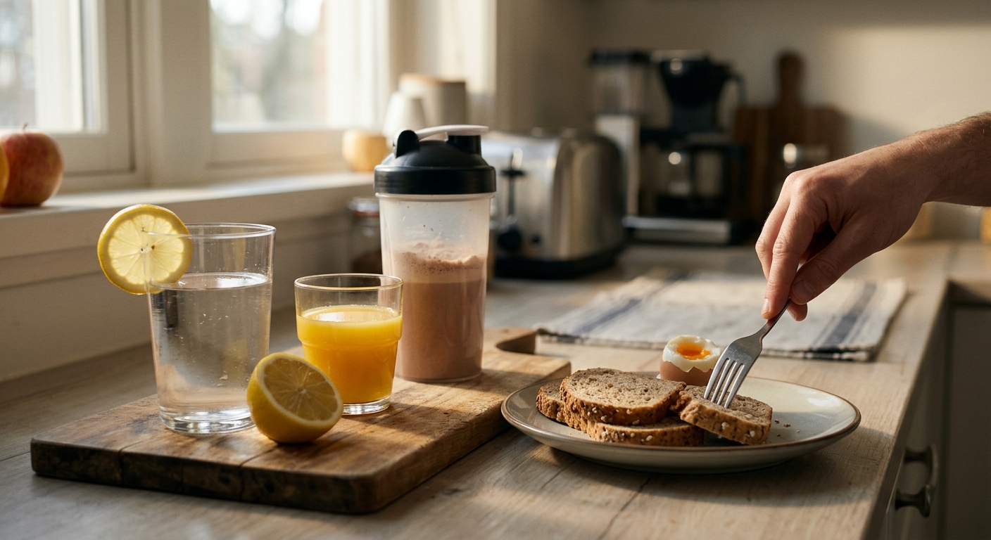 아침 공복 상태의 위장과 혈당 반응을 떠올리게 하는 차분한 주방 장면