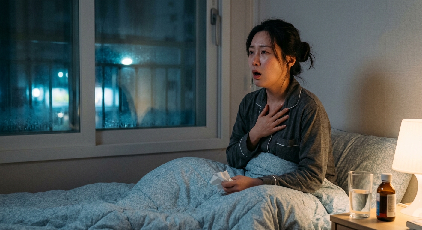 밤에 침대에 앉아 마른기침을 하는 성인의 모습