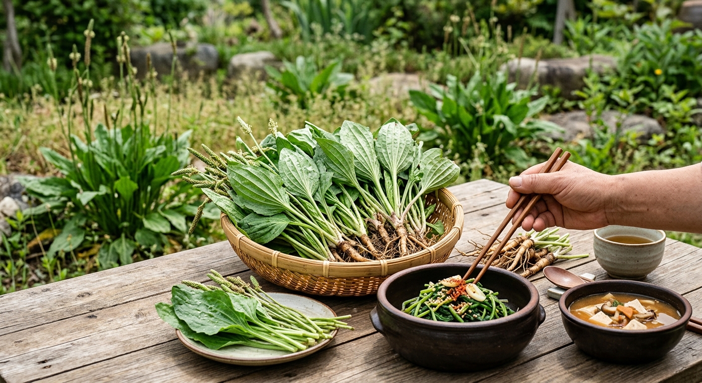 봄 들판 바닥에 로제트 형태로 퍼져 자라는 신선한 질경이 잎