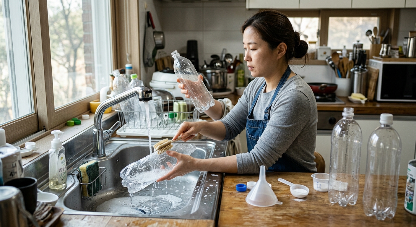 베이킹소다와 미온수로 사이다 페트병 내부를 세척하는 모습