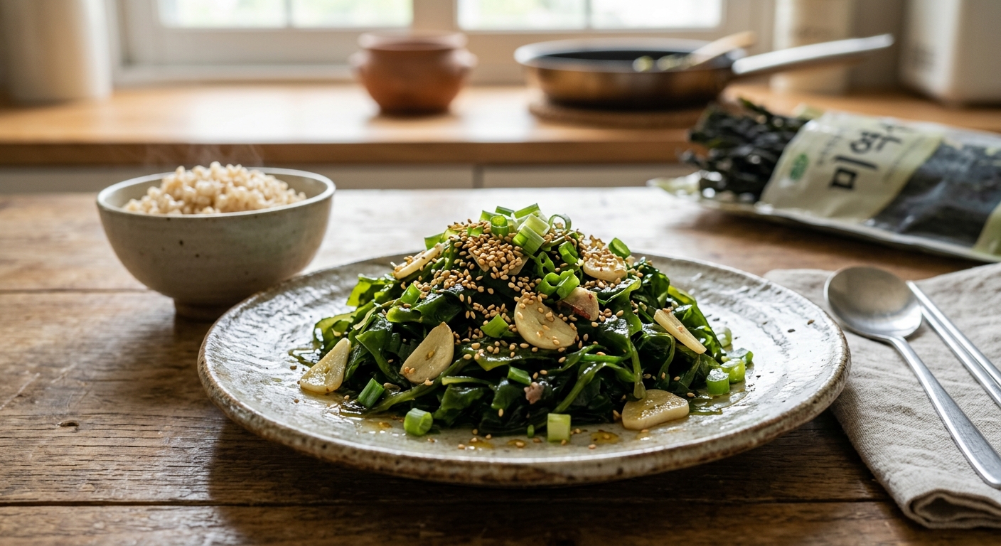 고소하게 볶아 윤기가 도는 봄 미역볶음이 담긴 작은 반찬 접시