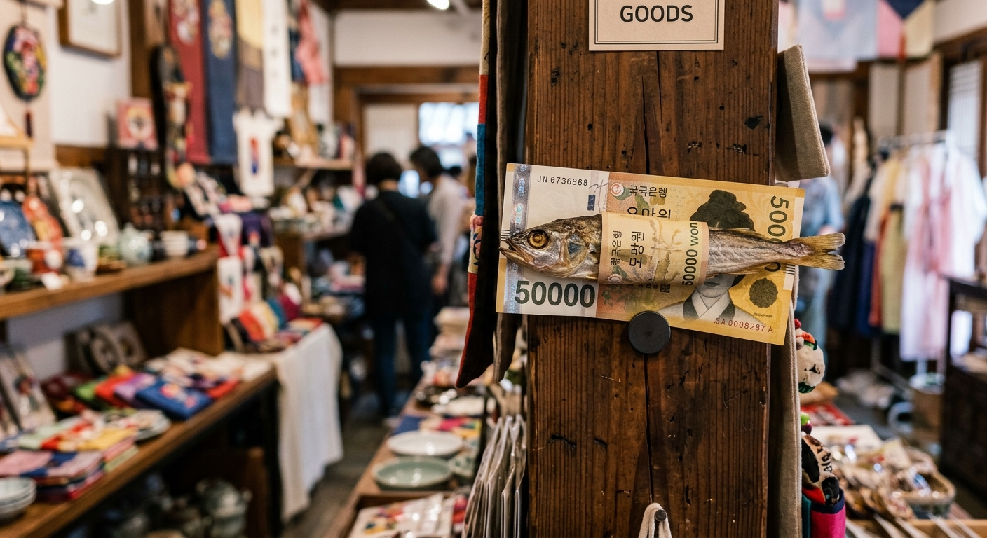 5만원권 화폐 부산물이 들어간 황금빛 돈 명태 마그넷 클로즈업