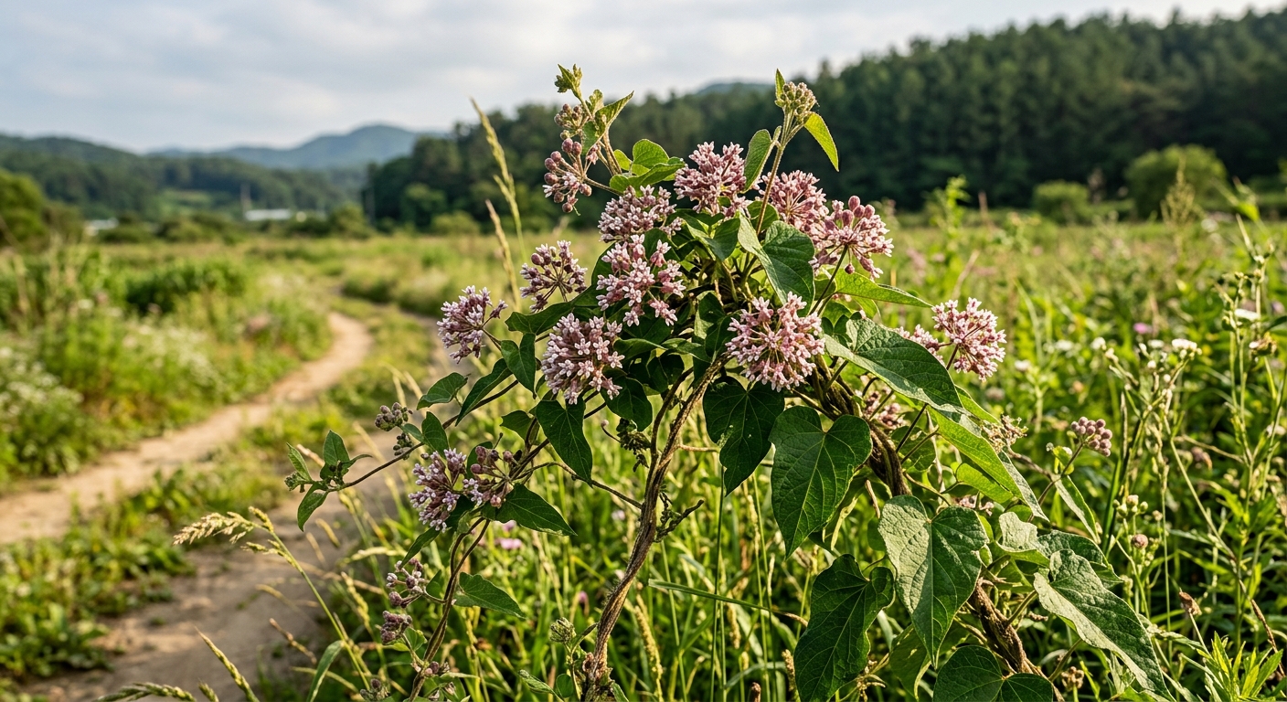 한국 들판에서 자라는 박주가리 덩굴식물과 길쭉한 열매