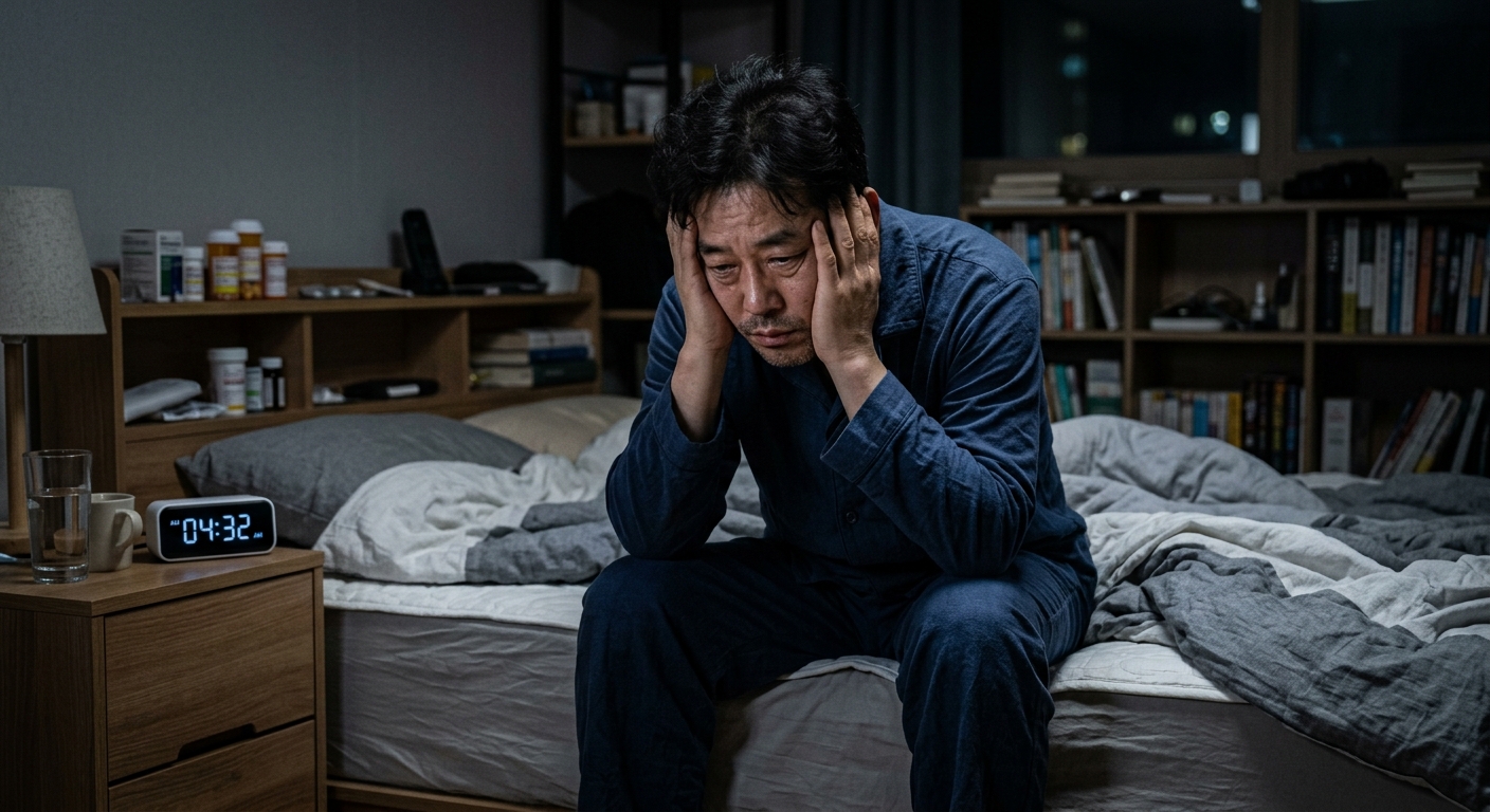 늦은 밤 침대에 앉아 피곤한 표정으로 시간을 확인하는 성인