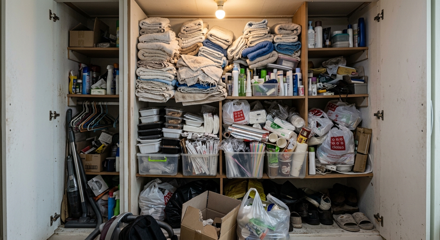 정리되지 않은 생활용품이 쌓인 집 안 공간을 점검하는 모습