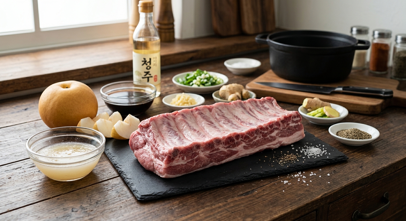 조리 전 손질된 신선한 생등갈비를 접시에 담아 놓은 모습