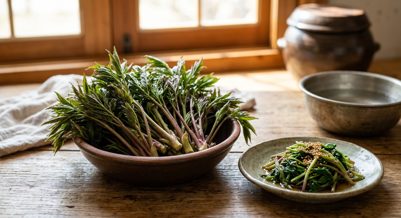 봄철에 수확한 신선한 눈개승마 줄기와 잎의 클로즈업