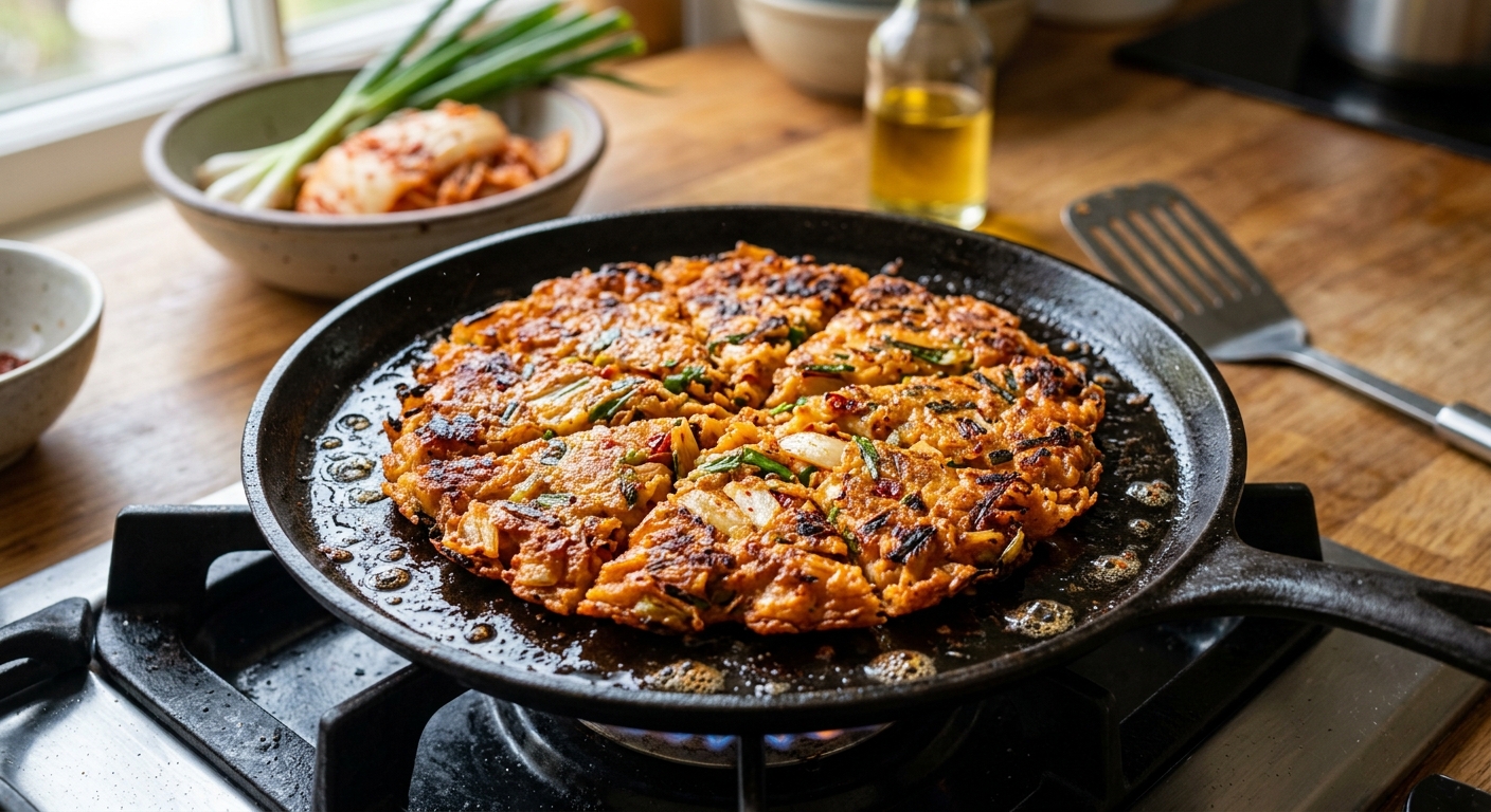 수분 많은 김치와 밀가루 반죽이 담긴 볼을 클로즈업한 모습