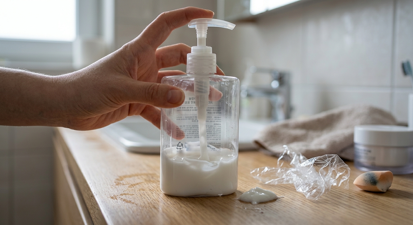 펌프 대롱이 바닥 잔량에 닿지 않아 로션이 나오지 않는 구조를 보여주는 로션 용기