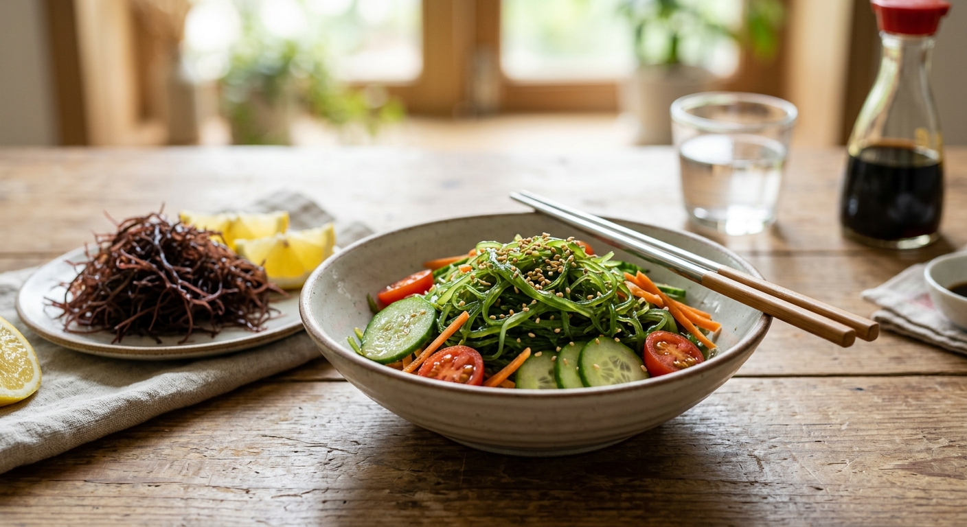 하얀 그릇에 담긴 신선한 꼬시래기와 채소가 함께 놓인 다이어트 식단 이미지