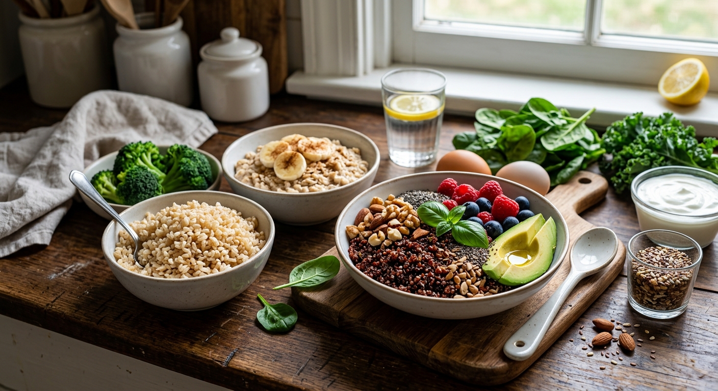 현미와 귀리, 채소와 단백질이 함께 놓인 균형 잡힌 건강 식단