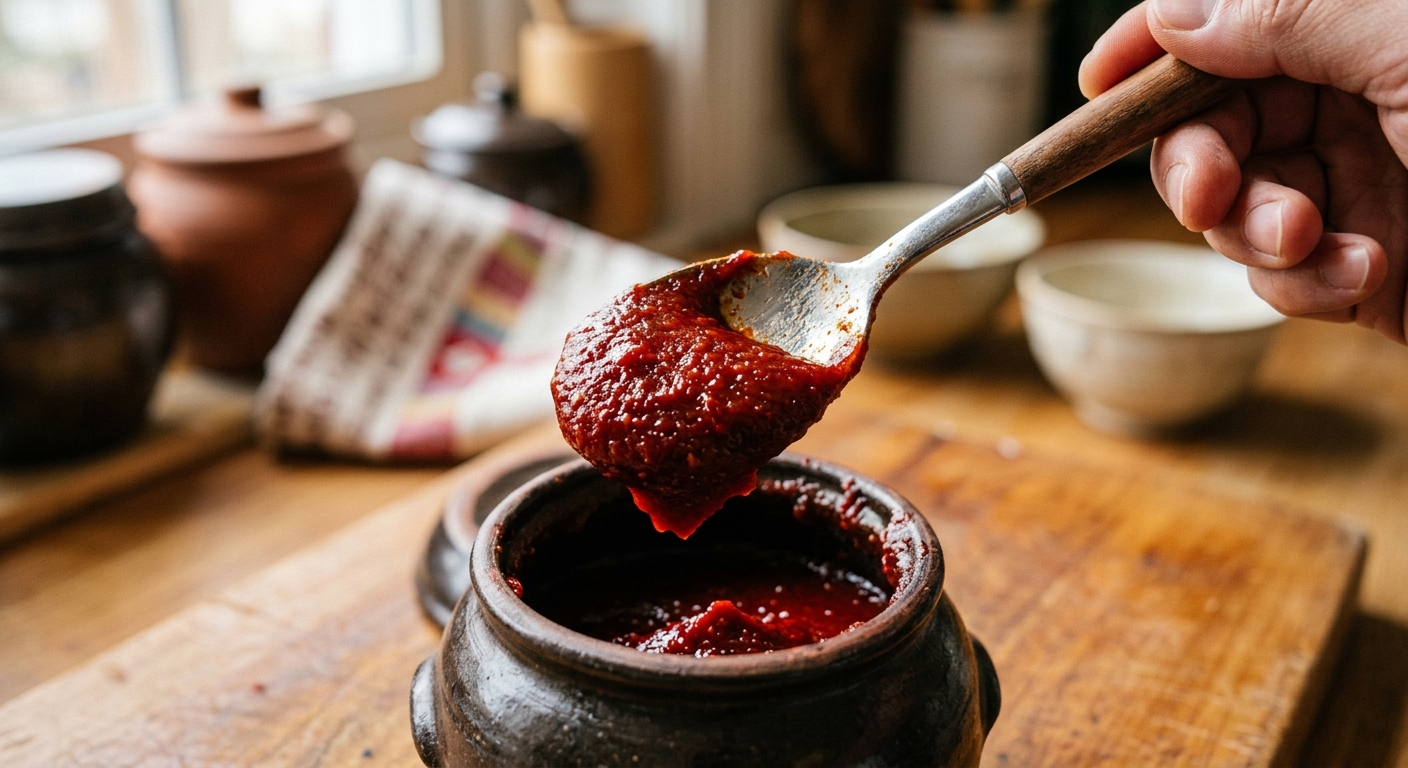 오목한 숟가락 앞면에 끈적하게 붙은 고추장 클로즈업