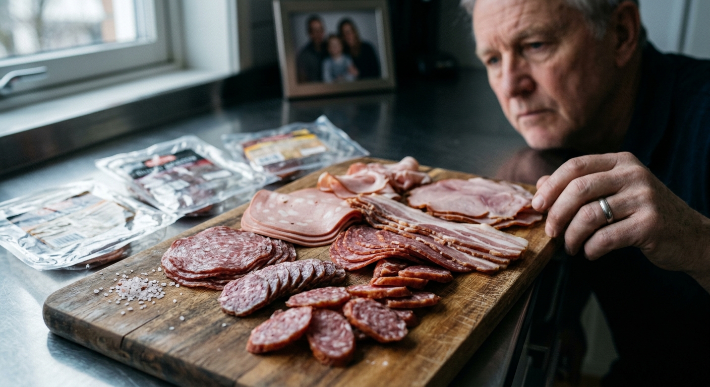 햄과 소시지, 베이컨이 접시에 담긴 모습