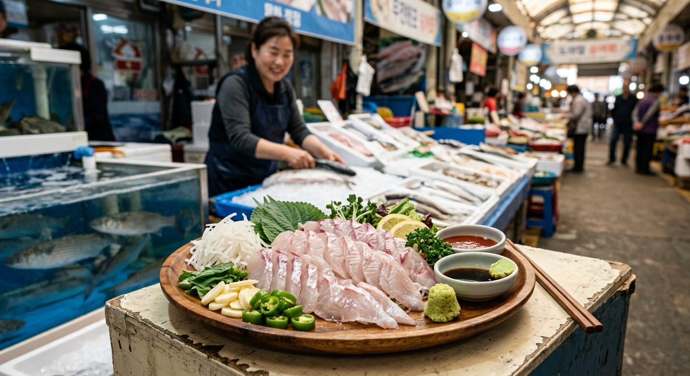 봄철 제철 숭어회를 접시에 담아낸 모습