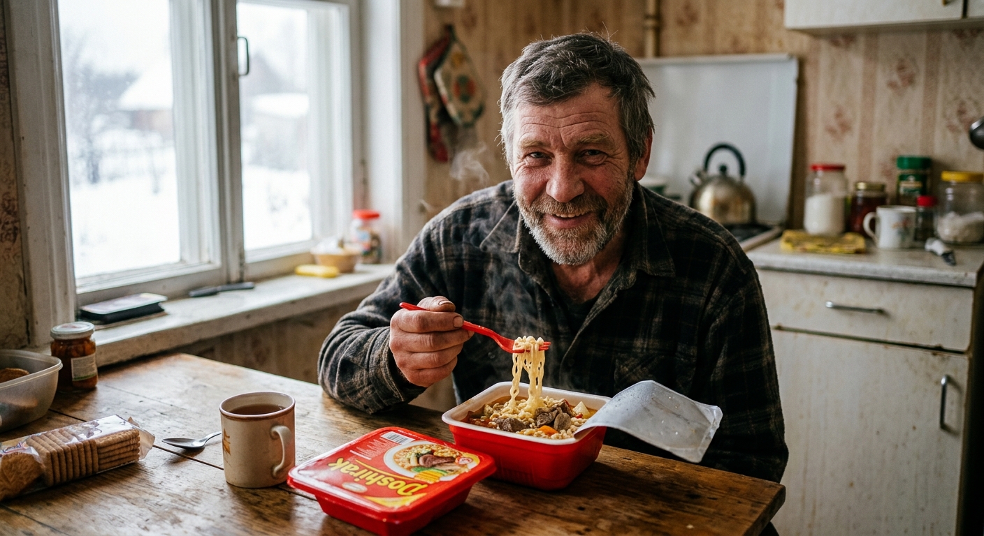 러시아 마트 진열대에 놓인 컵라면 제품과 도시락 브랜드 이미지