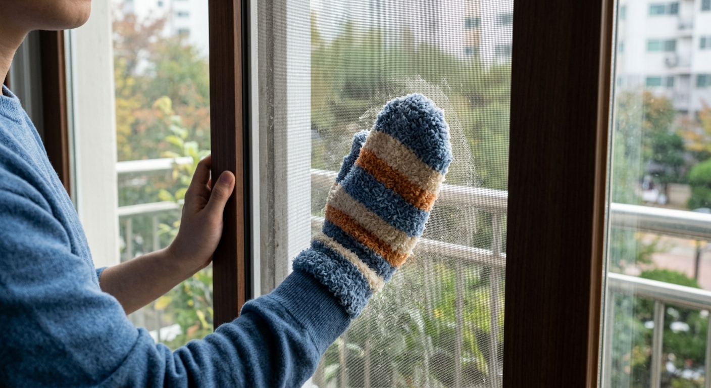 손에 낀 수면양말로 방충망 표면의 먼지를 닦아내는 장면