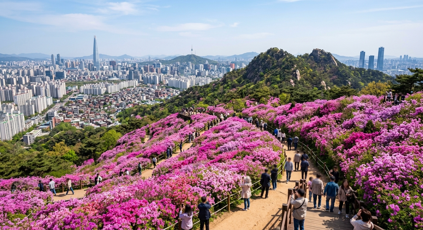 불암산 힐링타운 언덕을 빽빽하게 채운 분홍색 철쭉 군락 전경